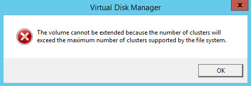 Unable to extend, cluster size